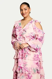 Coast Women's Shoulder Printed Ruffle Midi Dress