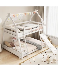 Slickblue Wooden Twin Queen Bunk Bed with Ramp and Climbing Nets