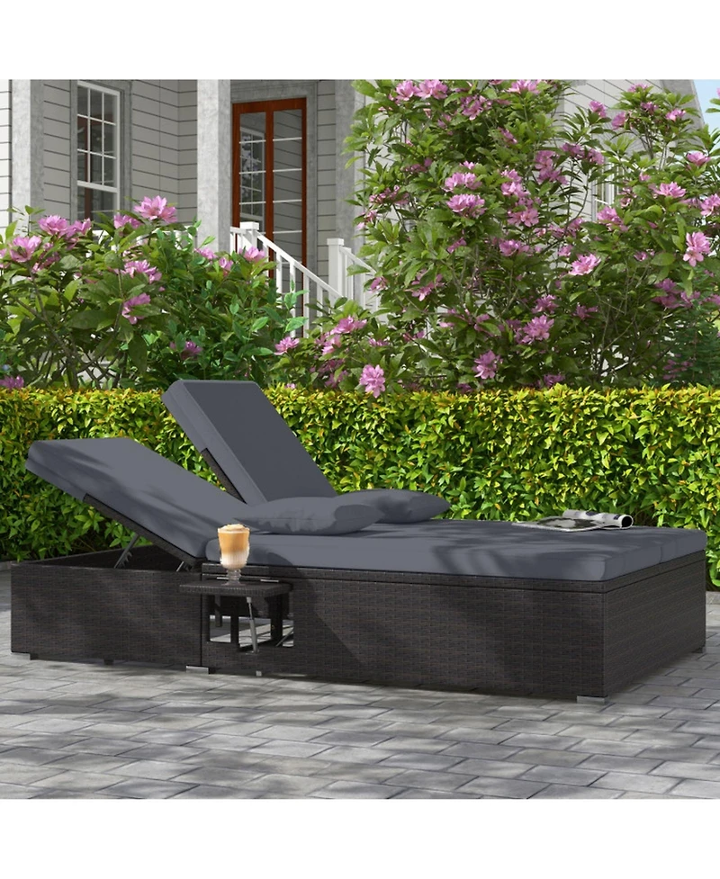 Sugift Patio Double Chaise Lounge with Cushions and Folding Side Trays