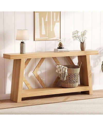 gaomon 70.9 Inch All-Wood Console Table, Ultra-Stable Trapezoid Leg Sofa Table Behind Couch, 2-Tier Extra Long Entryway Table for Hallway, Living Room