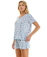 Jaclyn Intimates Women's V-Neck Henley Top and Flared Pajama Shorts, 2-Piece Set
