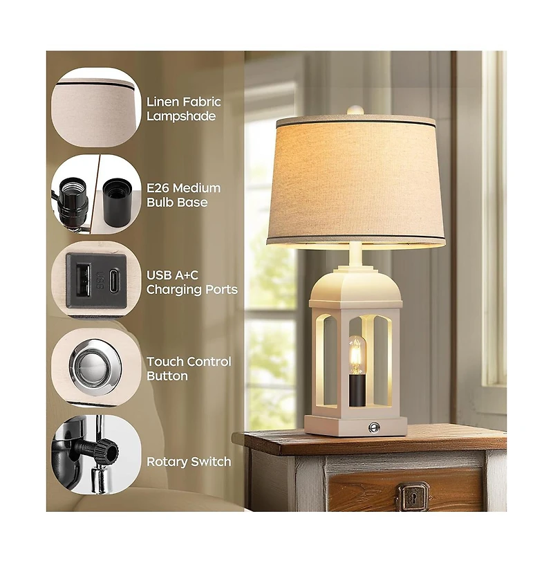 Sofucor 26-inch Table Lamp for Living Room, Farmhouse Lamps Set of 2 with Usb A+C and Nightlight