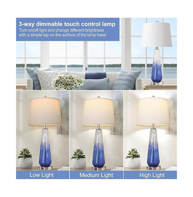 Sofucor 27.5-inch Table Lamps Set of 2 with Touch Control, 3-Way Dimmable Modern Glass Bedside Lamps with Bedrooms Decorations