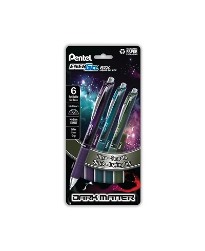 Pentel EnerGel Rtx Dark Matter, Liquid Gel Pen, 0.7mm, Assorted Ink, 6-pk