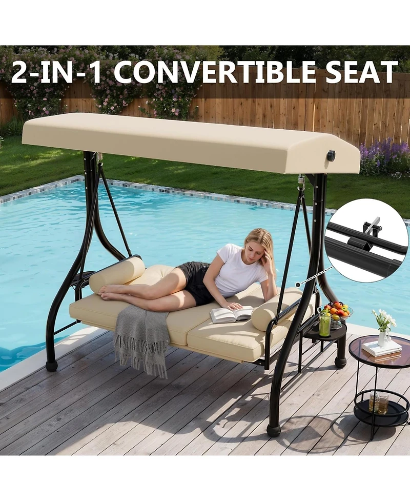 GarveeLife Outdoor Porch Swing with Adjustable Canopy 3 Seat Patio Swing Chair Heavy Duty Outdoor Swing with Cup Holder Tray Cushion