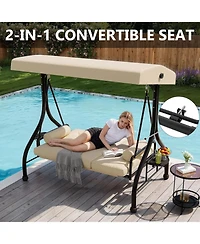GarveeLife Outdoor Porch Swing with Adjustable Canopy 3 Seat Patio Swing Chair Heavy Duty Outdoor Swing with Cup Holder Tray Cushion