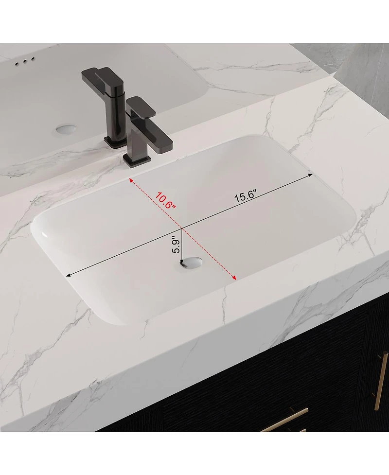 Sillysis Wall Mounted Bathroom Vanity with Faux Marble Top, Soft Close Drawers, Seamless Ceramic Sink, Black Plywood Cabinet
