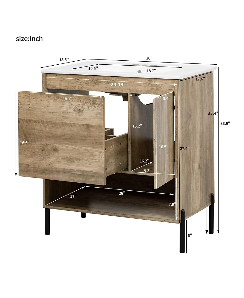 Sillysis Modern Bathroom Vanity with Ceramic Sink, Solid Wood and Metal Legs, Ample Storage Drawers and Open Shelf for Bath