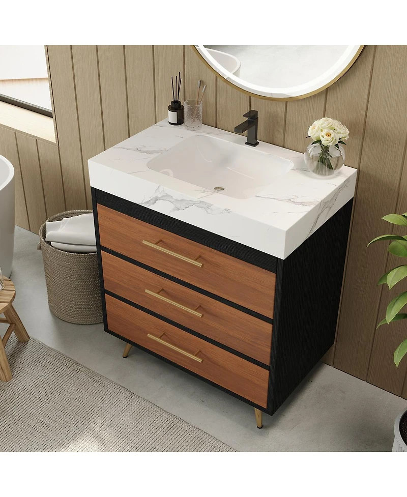 Sillysis Walnut Freestanding Bathroom Vanity with Sintered Stone Top, Ceramic Sink, Tilt-Out and Soft-Close Drawers