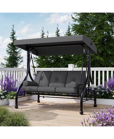 GarveeLife Outdoor Porch Swing with Adjustable Canopy 3 Seat Patio Swing Chair Heavy Duty Outdoor Swing with Cup Holder Tray Cushion and Pillows