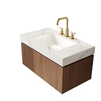 Sillysis Wall Mounted Bathroom Vanity, Carrara Sintered Stone Top, 3-Hole Ceramic Sink, Soft Close Cabinet