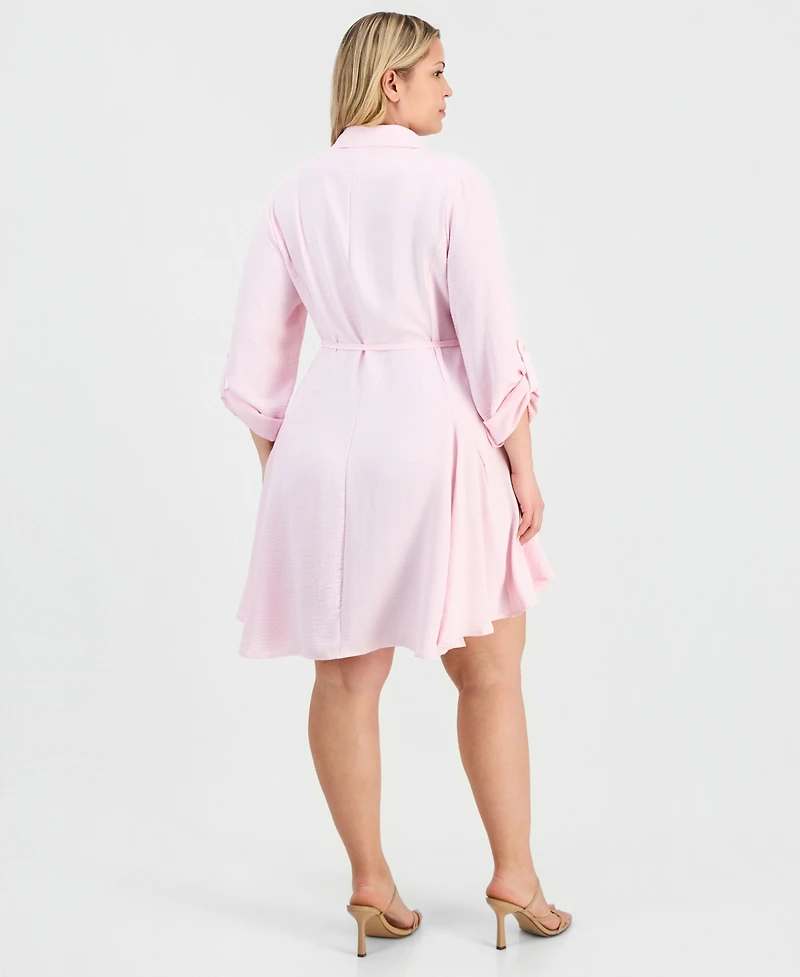 Full Circle Trends Trendy Plus 3/4-Sleeve Belted Godet Shirtdress