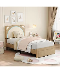 homfan Led Headboard Kids Bed Frame - Adjustable Cute Bear Design, Suede Upholstery, Storage Drawer, Plain Wood Slats, Noise-Free