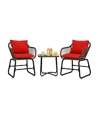 Gouun 3 Piece Outdoor Rattan Bistro Conversation Set with Glass Side Table and 2 Armchairs