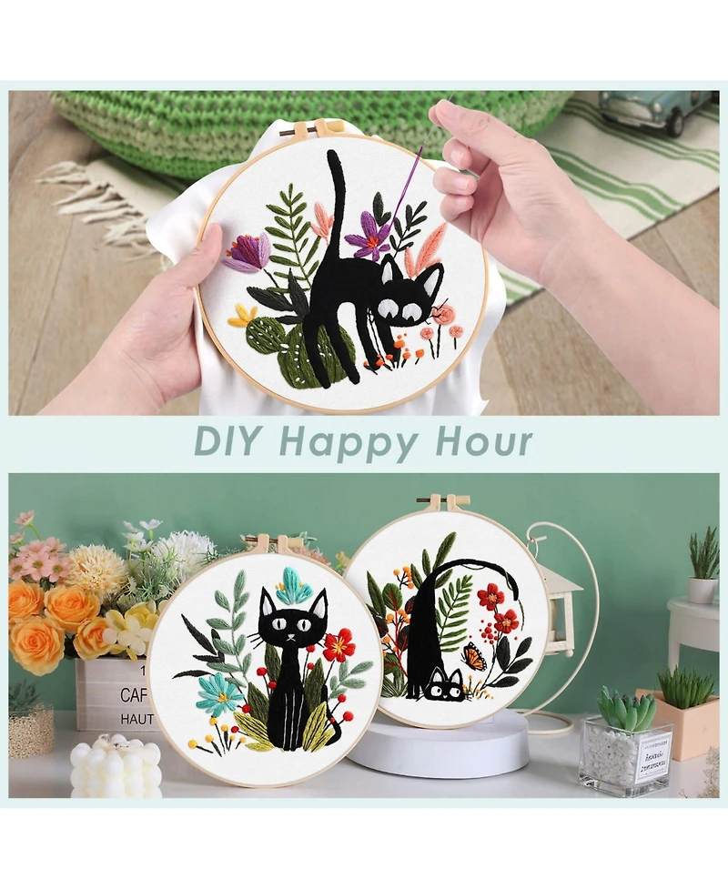Gnuadz 5 Sets Embroidery Kit Beginners Flower Cross Stitch Cat