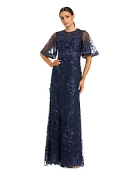 Mac Duggal Petite Flutter Sleeve Floral Embroidered Net Gown