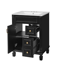 Sillysis 24 Inch French Freestanding Bathroom Vanity with Ceramic Sink, 2 Drawers and Adjustable Shelf for Small Spaces