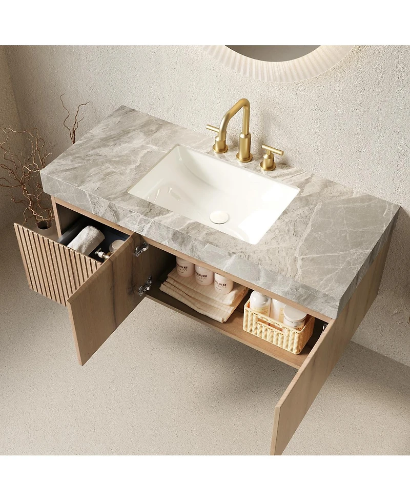 Sillysis 30 Inch Mounted Bathroom Vanity with Sintered Stone Top, 3-Hole Ceramic Sink, Soft Close Storage Cabinet