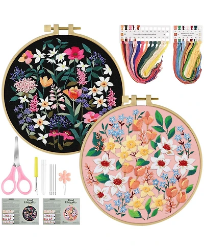 Gnuadz 2 Set Embroidery Kit Beginners Floral Cross Cloth Hoops Threads