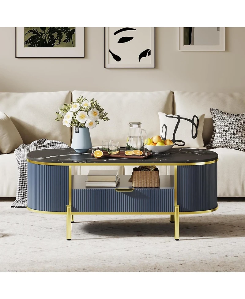 gaomon 48" Oval Coffee Table with Storage, Modern Luxury Coffee Table with Drawer and Faux Marble Top, Fluted Center Table with Curved Profile Design