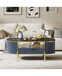 gaomon 48" Oval Coffee Table with Storage, Modern Luxury Coffee Table with Drawer and Faux Marble Top, Fluted Center Table with Curved Profile Design