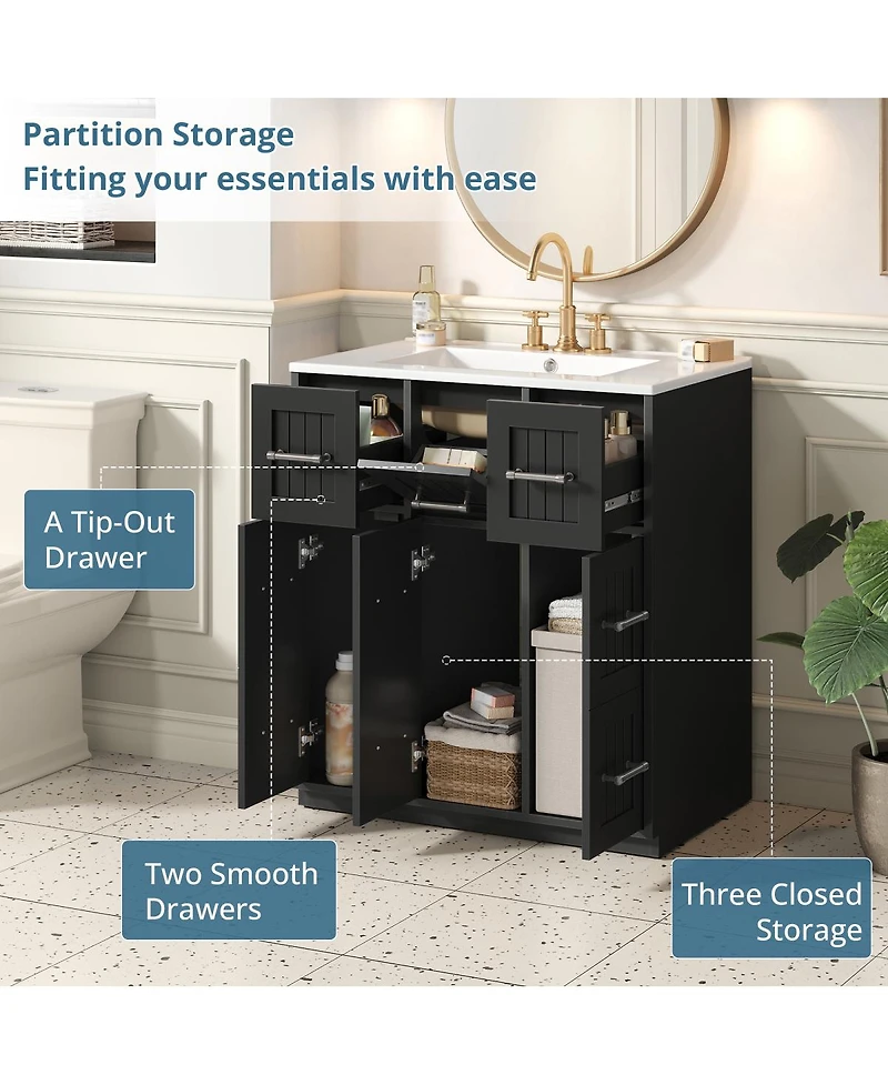 Sillysis 30 Inch Modern Bathroom Vanity with Ceramic Sink, Tip-Out Drawer, Soft Close Doors, Flexible Storage for