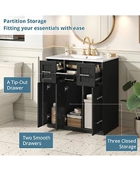 Sillysis 30 Inch Modern Bathroom Vanity with Ceramic Sink, Tip-Out Drawer, Soft Close Doors, Flexible Storage for