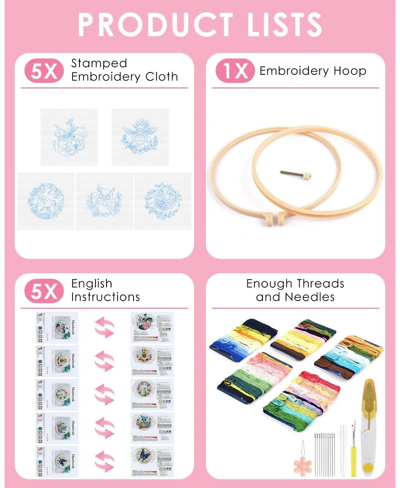 Gnuadz 5 Sets Embroidery Kit Beginners Cloth Hoops Threads