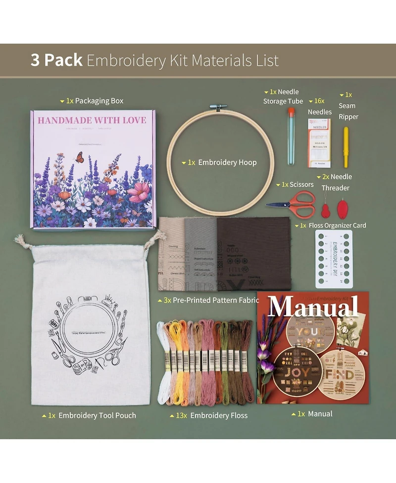 Gnuadz 3-pack Embroidery Kit Beginner Diy Starter Floral Pattern Hoop Floss Video Tutorial