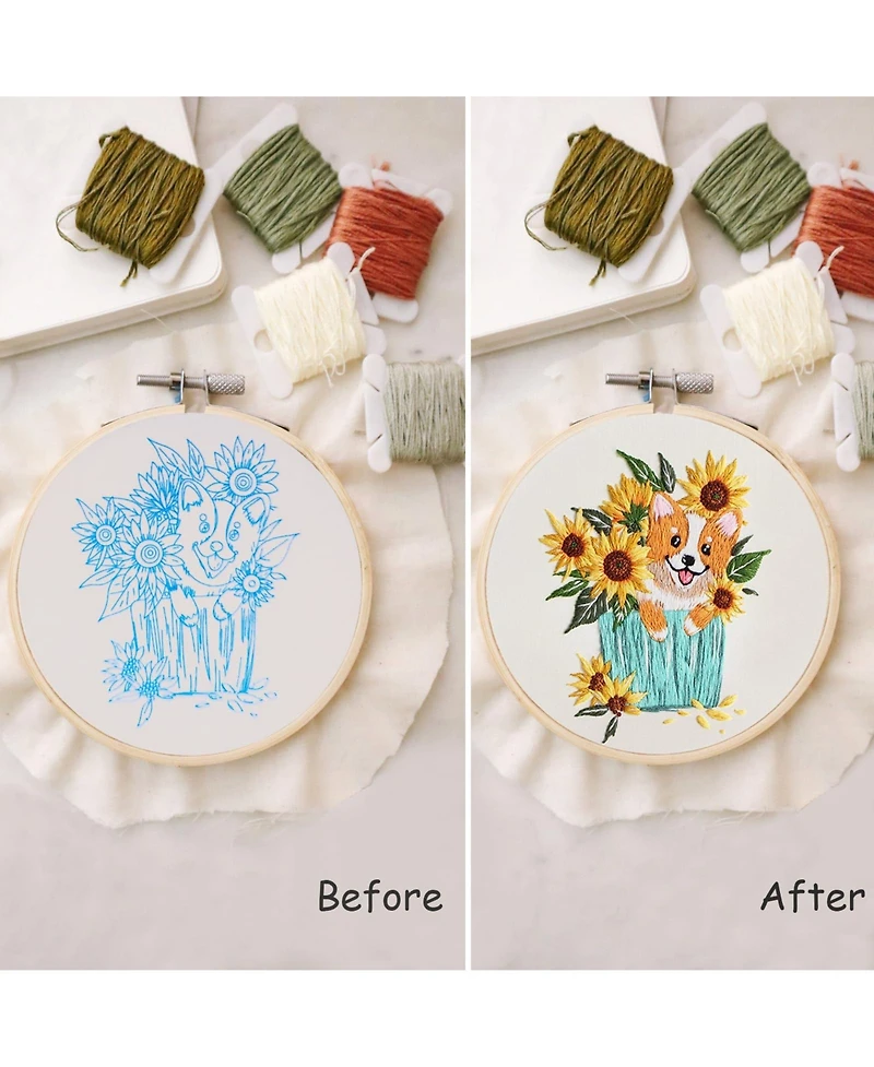 Gnuadz 3 Sets Embroidery Kit Beginners Dog Flower Pattern Hand Adults Instruction Video