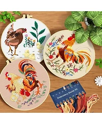 Gnuadz 3 Sets Embroidery Kit Rooster Floral Cross Stitch Cloth Hoops Threads Craft Hand