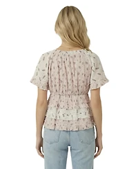 Modenaire Women's Floral Tie-Neck Ruffle Peplum Top