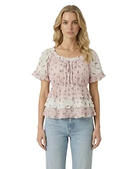 Modenaire Women's Floral Tie-Neck Ruffle Peplum Top