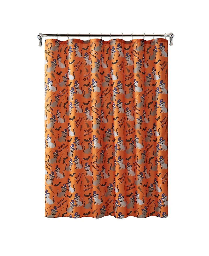 Kate Aurora Halloween Accents Kitty Witches and Broomsticks Festive Orange Fabric Shower Curtain - Standard Size