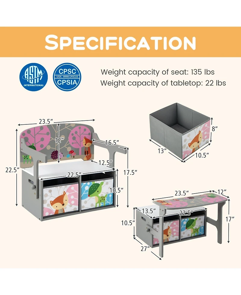 Gouun 3-in-1 Kids Convertible Activity Bench with 2 Removable Fabric Bins