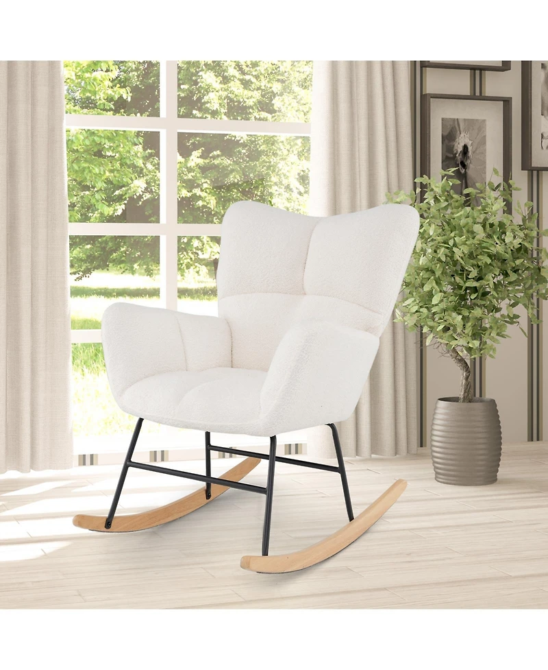 Gouun Nursery Rocking Chair with Teddy Fleece Upholstery and Rubber Wood Base