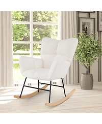 Gouun Nursery Rocking Chair with Teddy Fleece Upholstery and Rubber Wood Base