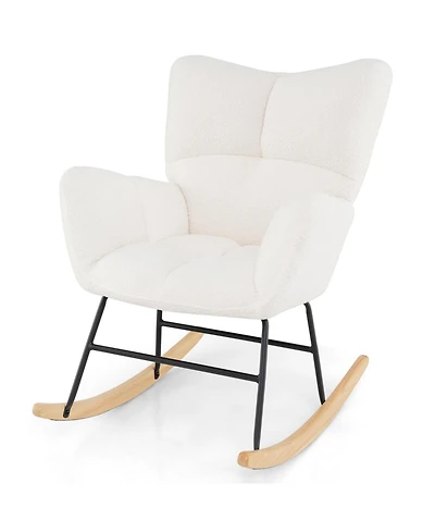 Gouun Nursery Rocking Chair with Teddy Fleece Upholstery and Rubber Wood Base