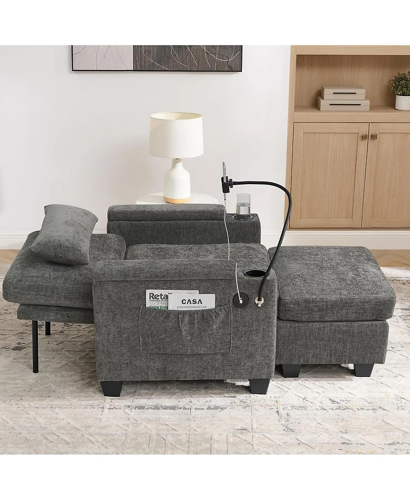 Rainsken Accent Chair and Storage Ottoman Set, Single Chaise Lounge Chair Convertible Sleeper Bed with Usb Port and Phone Stand for Living Room