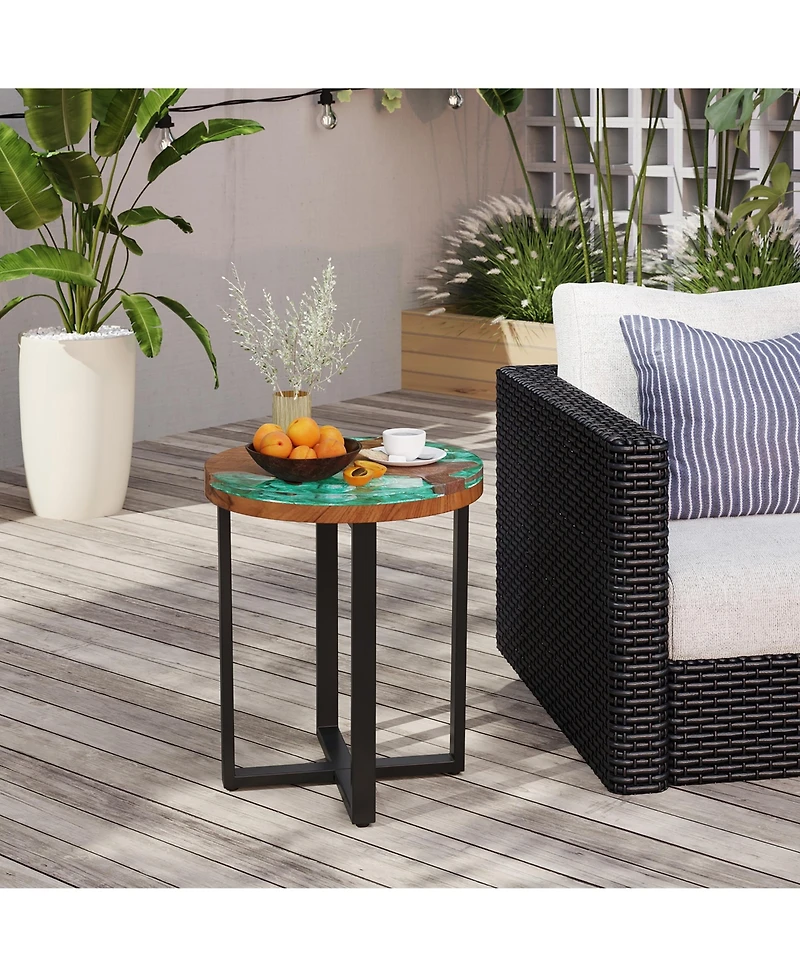 Gymax 20'' Round Teak Wood End Table Solid Live Edge Outdoor Side Table with Mahogany Base