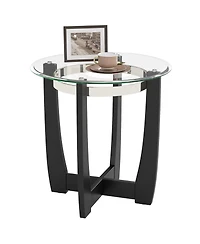 Slickblue Modern Round End Table with Glass Top and Rubber Wood Base, Accent Side