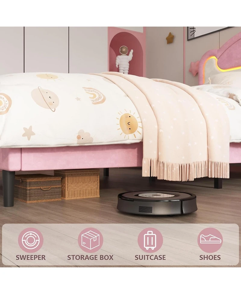 Princess Bed Frame for Girls with Led Light, Upholstered Headboard, Sturdy Wood Slats, No Box Spring Needed