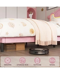 Princess Bed Frame for Girls with Led Light, Upholstered Headboard, Sturdy Wood Slats, No Box Spring Needed