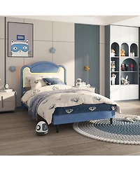 Princess Bed Frame for Girls with Led Light, Upholstered Headboard, Sturdy Wood Slats, No Box Spring Needed