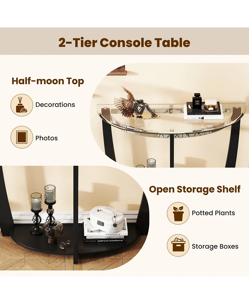 Slickblue Clear Tempered Glass Console Table with 2 Tier Design and Open Storage Shelf