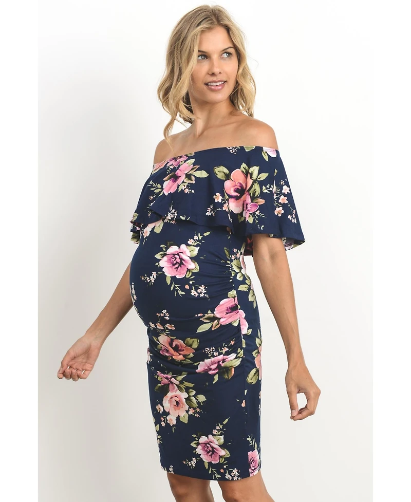Hello Miz Maternity Bodycon Off-the-Shoulder Floral Ruffle Dress