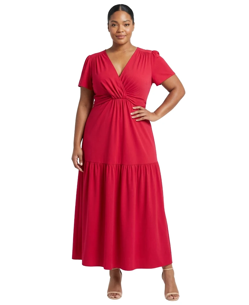 London Times Plus Twist Front Tiered Short-Sleeve Maxi Dress