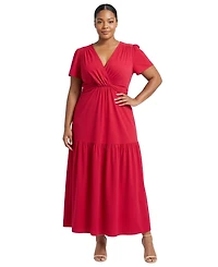 London Times Plus Twist Front Tiered Short-Sleeve Maxi Dress