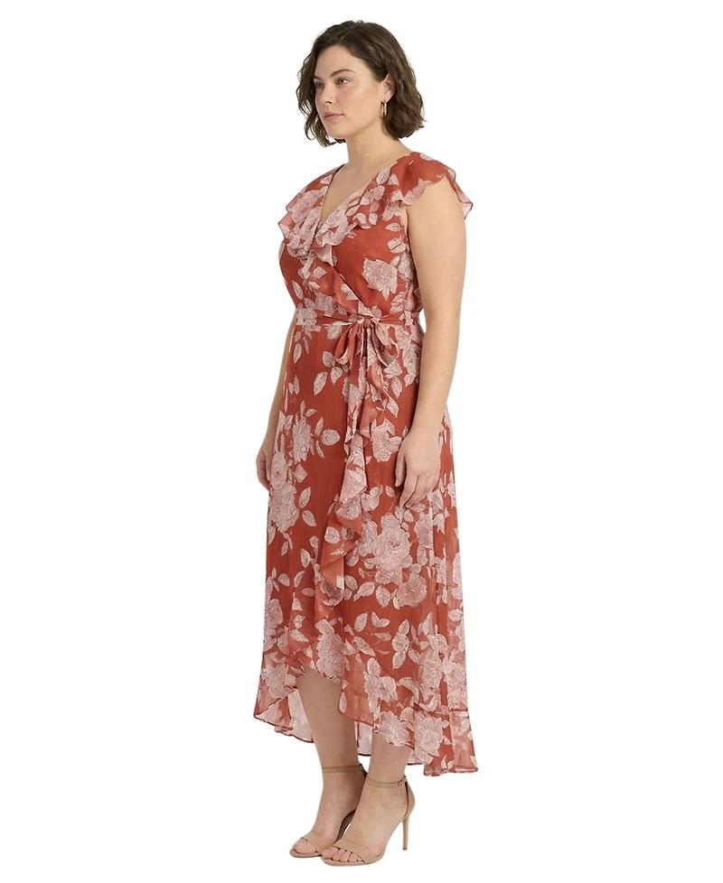 London Times Plus Printed Wrap V-Neck Dress