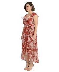 London Times Plus Printed Wrap V-Neck Dress